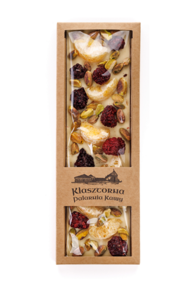 Czekolada wyrabiana ręcznie - BIAŁA - mandarynka, pistacja, jeżyna 120g