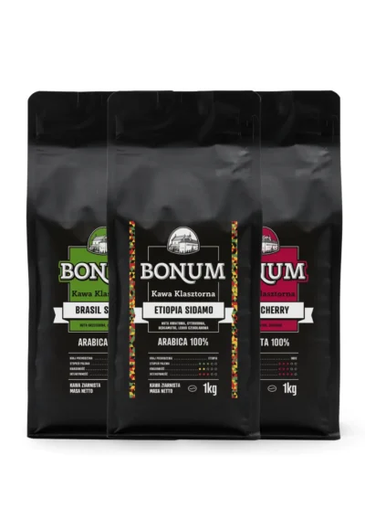 Zestaw Trio Kontynenty: BONUM Brazylia Santos ziarnista 1 kg + BONUM Etiopia Sidamo ziarnista 1 kg + BONUM India Cherry ziarnista 1 kg