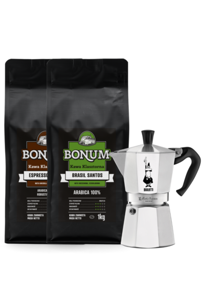Zestaw Kawiarka: Bialetti Moka Express 6 tz + BONUM Espresso Blend ziarnista 1 kg + BONUM Brazylia Santos ziarnista 1 kg