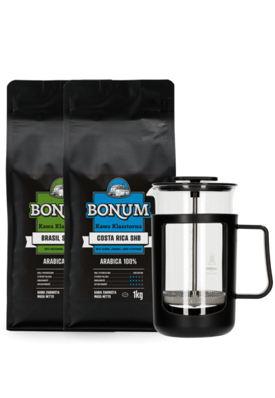 Zestaw French Press: Hario Cafe Press U Black 600 ml + BONUM Brazylia Santos ziarnista 1 kg + BONUM Costa Rica SHB ziarnista 1 kg