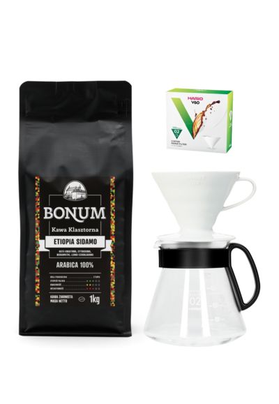 Zestaw Brata Przemka: Hario V60-02 dripper ceramiczny + Hario V60 Range Server 600 ml + filtry 100 szt. + BONUM Etiopia Sidamo ziarnista 1 kg